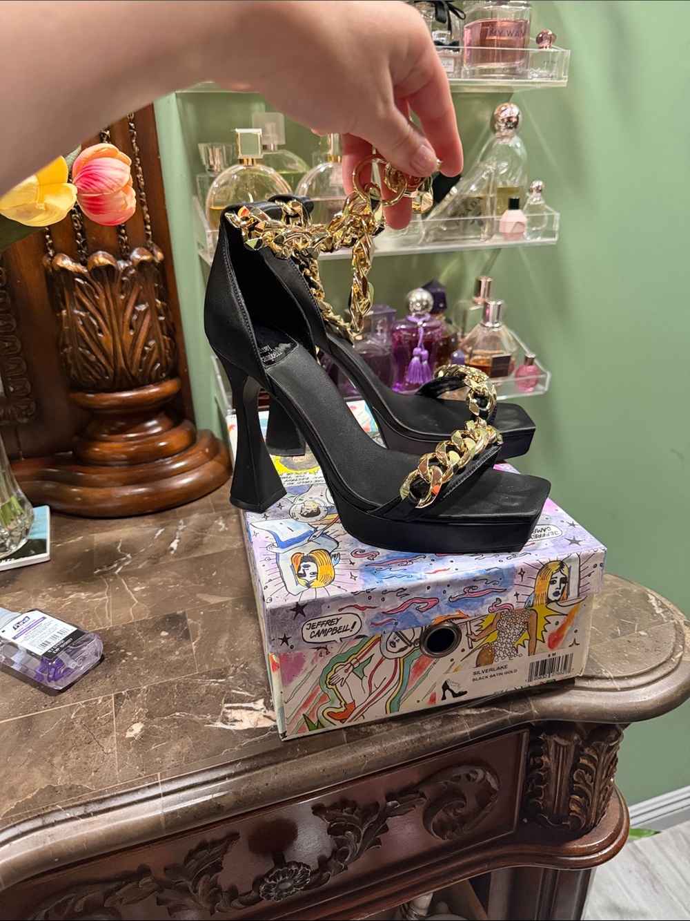 Jeffrey Campbell Black Heeled Sandals with Gold Chain Trim - Picture 7 of 7